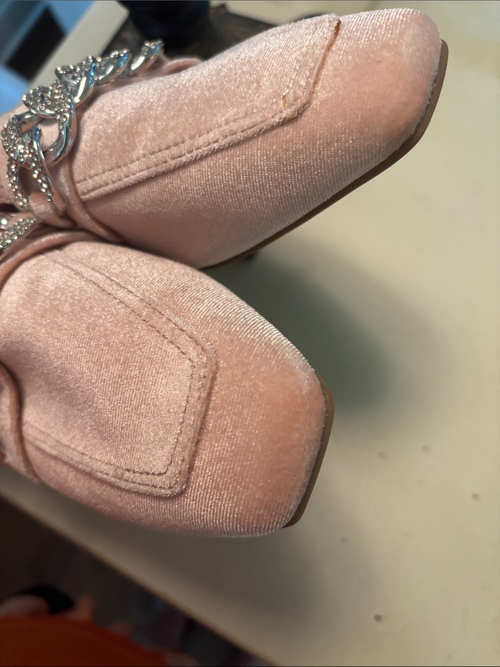 Steve Madden Pink Velvet Loafers with Crystal Chain Detail - Picture 7 of 9